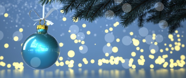 A cyan Christmas tree globe, in the background bokeh lights.  3d illustration.