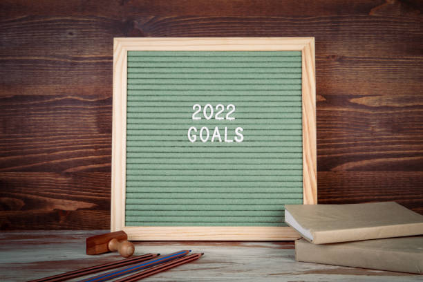 istock 2022 Goals. English text on a letter Board. Office desk 1359305288