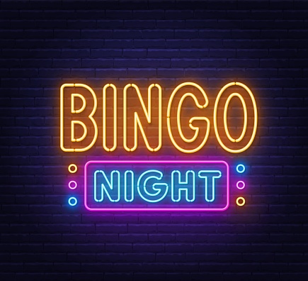 Bingo Night neon sign on brick wall background .