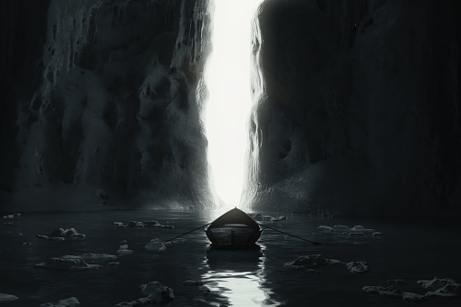 3d rendering of single rowing boat in front of big iceberg with bright crevices