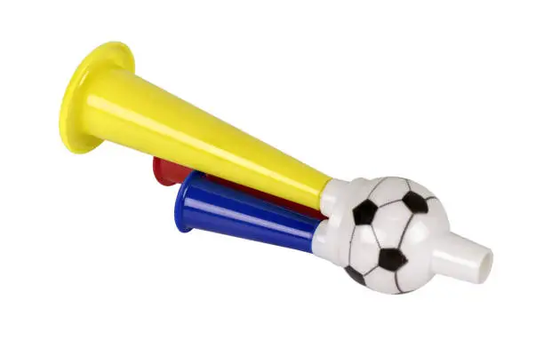 Trumpeter or horn toy football isolated on white background with clipping path.Concept cheer soccer.