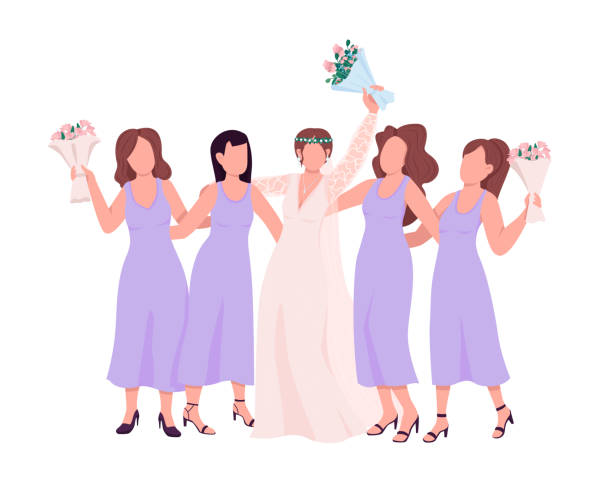 счастливая невеста с подружками невесты полу плоскими цветными векторными символами - wedding reception wedding party bridesmaid stock illustrations