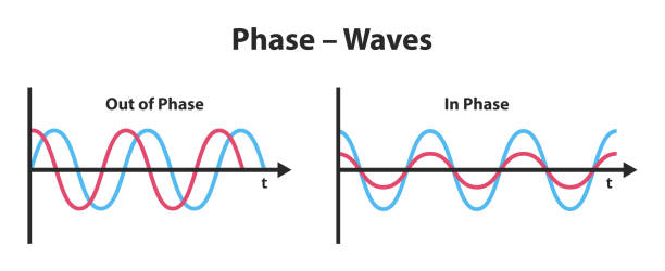 白色に分離された波の位相を示すベクトル科学的な図。同時ピークと位相差またはシフトとの一貫性。位相と位相波。 - oscillation点のイラスト素材／クリップアート素材／マンガ素材／アイコン素材