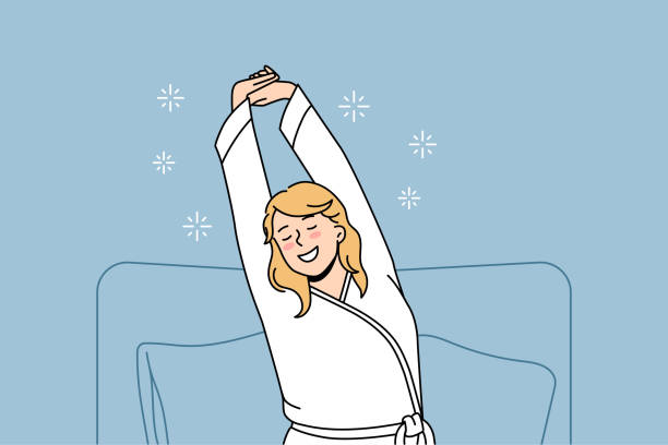 ilustraciones, imágenes clip art, dibujos animados e iconos de stock de sentirse positivo en el concepto de la mañana - pillow wake up yawning sleeping