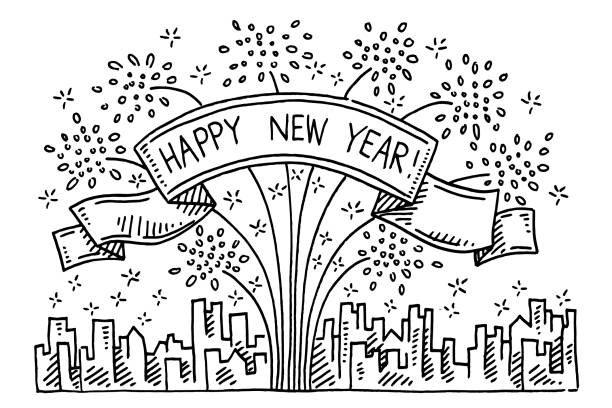 Happy New Year Fireworks Cityscape Drawing vector art illustration