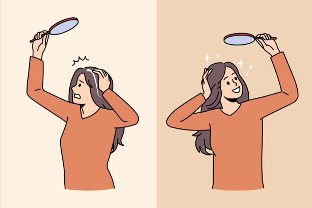 Grey hair and colored hair concept Grey hair and colored hair concept. Frustrated stressed woman seeing grey hair on head and happy one with colored hair looking at mirror vector illustration gray hair young woman stock illustrations