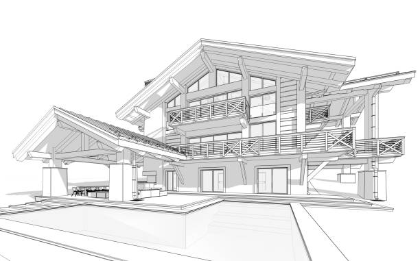 istock 3d rendering of modern cozy chalet black line on white background 1359322207