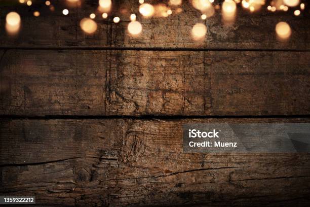 Old Rustic Wooden Wall With Fairy Light Stock Photo - Download Image Now - Wood - Material, Backgrounds, Rustic