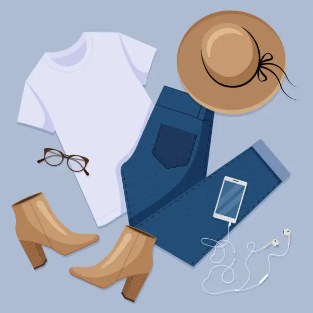 Vector illustration of Womens casual outfit. Fashion set of lady's clothes, and accessories. T-shirt, jeans, hat, ankle boots, glasses, phone with a headset. Instagram style flat lay illustration. Top-down view.