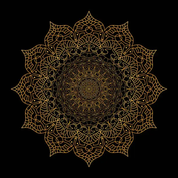 Vector illustration of Gold Mandala Vector With Black Background. Beautiful Design for Wedding Cards, Invitation Cards, Christmas wishings, Card Decoration, Salon. Indian, Arabic, Ethnic, Islam, Vintage Style.