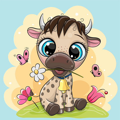 Cartoon Bull With Flowers On A Blue Background Stock Illustration -  Download Image Now - Baby - Human Age, Design Element, Greeting - iStock
