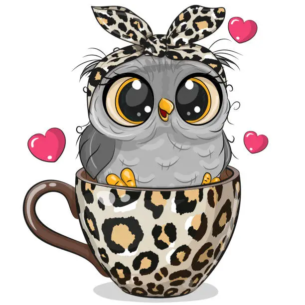 Vector illustration of Cartoon owl with a bow is sitting in a Cup