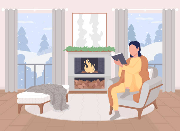 겨울 플랫 컬러 벡터 일러스트레이션에서 집에서 읽기 - blanket fireplace winter women stock illustrations