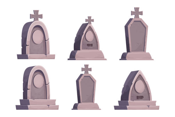 istock Set stone grave, memorial in cartoon style isolated on white background. Funeral, cemetery object. Afterlife monument. Vector illustration 1359330408