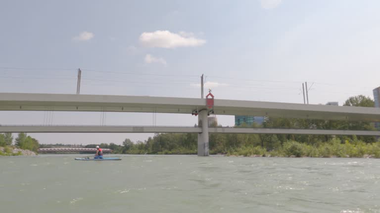 First person perspective from stand up paddleboard (SUP), floating on urban river