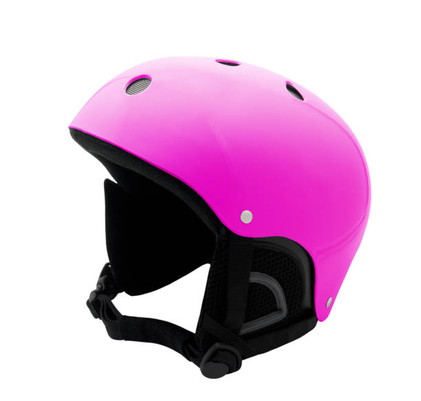 istock Women pink snowboard helmet isolated on white 1359332915