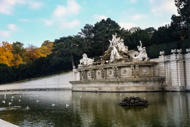 Neptune Fountain in Schonbrunn Palace complex in Vienna, Austria.