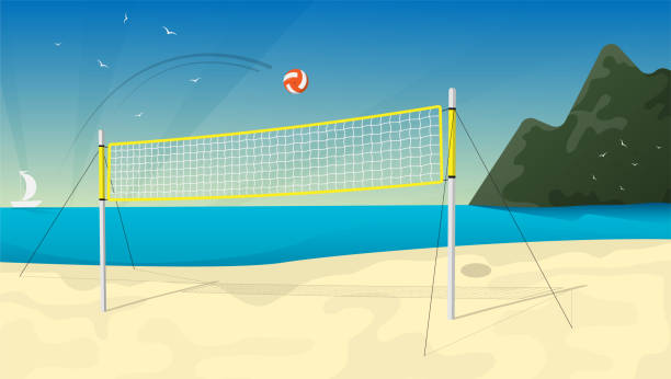 beach volleyball court with net, against backdrop of seascape. Oceanfront with beach volleyball field. Sports ground for active recreation. Cartoon vector beach volleyball court with net, against backdrop of seascape. Oceanfront with beach volleyball field. Sports ground for active recreation. Cartoon vector volleyball net stock illustrations