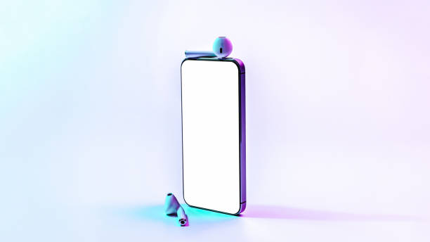 istock Mockup app. Mobile smartphone technology blank screen. Mock up smart phone device, audio headphones equipment on neon gradient banner. Game design, mobile application presentation, portfolio mockups. 1359337526