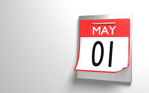 1st of May desktop calendar page for May Day isolated on white background. Easy to crop for all your social media or print sizes.