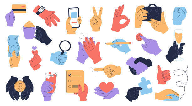 ilustrações de stock, clip art, desenhos animados e ícones de set of colorful hands with different stuff, clock, phone, credit card, coin, camera, magnifier, wine glass - hand sign