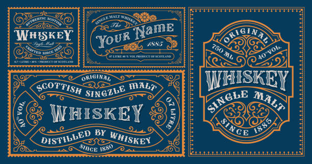 ilustraciones, imágenes clip art, dibujos animados e iconos de stock de un conjunto de plantillas de etiquetas de alcohol vintage - whisky