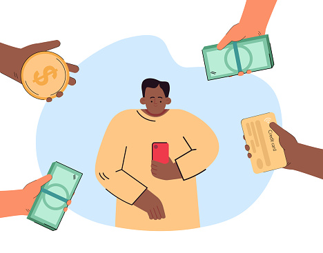 Afro-American holding phone surrounded by hands with credit card, coin and notes. Methods of payment flat vector illustration. Modern technologies concept for banner, website design, landing web page