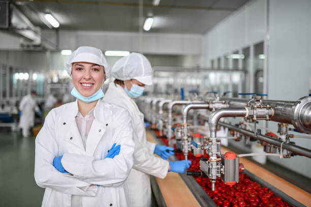 arbeiterin zeigt selbstvertrauen an der arbeitsposition in der fabrik, die paprika mit hüttenkäse herstellt - beautiful smiling vegetable calcium stock-fotos und bilder