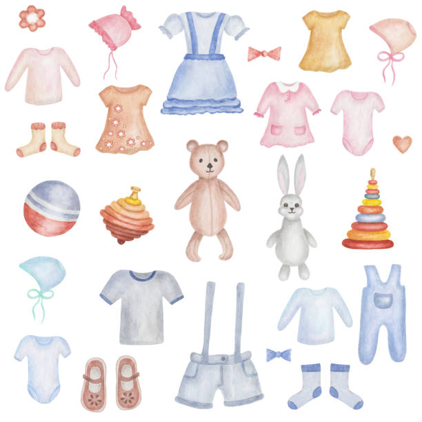 Watercolor illustration of hand painted baby clothes dress, shorts, shirts, bonnet, hat, shoes and toys bear, hare, ball, pyramid. Isolated clip art for shop posters, packaging paper, design cards Watercolor illustration of hand painted baby clothes dress, shorts, shirts, bonnet, hat, shoes and toys bear, hare, ball, pyramid. Isolated clip art for shop posters, packaging paper, design cards bear clipart stock illustrations