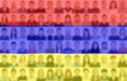 Portraits of many people on the background of the Armenian flag. The concept of the population and demographic state of the country.