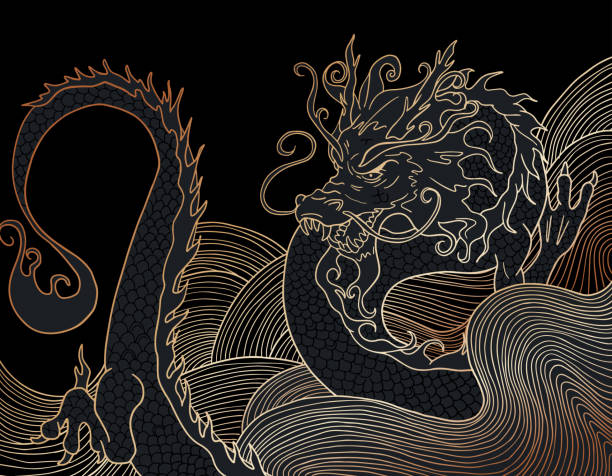 illustrazioni stock, clip art, cartoni animati e icone di tendenza di drago vettoriale su onde astratte - draghi