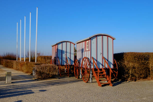 View of the historic changing wagons in Bansin / Germany on the Baltic Sea