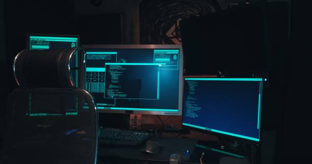 istock acker workplace has three monitors, the room is dark, there are no people 1359344722