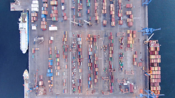 istock Aerial perspective of a container port 1359345124