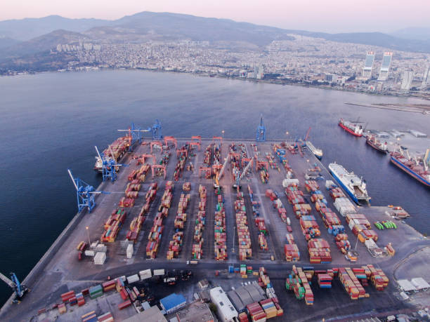 istock Aerial perspective of a container port 1359345129