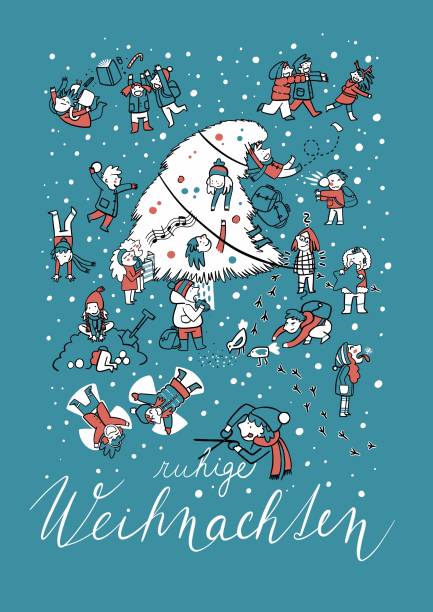 Christmas Card with a lot of children as a special gift for teachers etc. German Language Mutation, text Ruhige Weihnachten, in English Merry Christmas. Christmas Card with a lot of children as a special gift for teachers. German Language Mutation, text Ruhige Weihnachten, in English Merry Christmas. christmas chaos stock illustrations