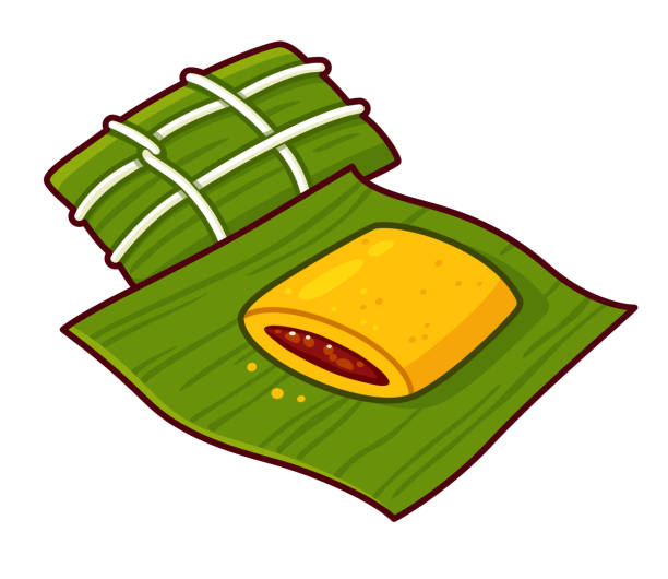 Hallaca traditional Venezuelan dish illustration Hallaca, traditional Venezuelan corn tamal, stuffed with beef and wrapped in leaves. Cartoon drawing, isolated vector clip art illustration. tamales stock illustrations