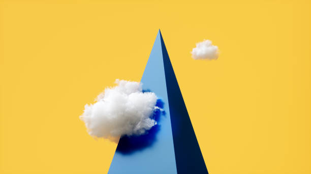 istock 3d render, abstract modern minimal wallpaper, blue pyramid skyscraper with white clouds isolated on yellow background 1359349222