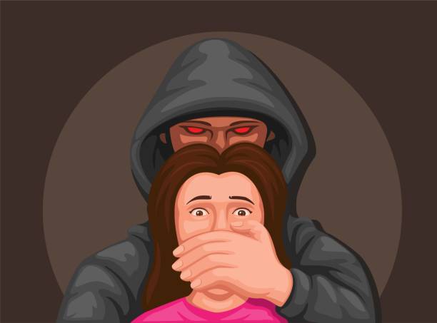 Kidnapped girl criminal scene illustration vector Kidnapped girl with perpetrator in behind. criminal scene illustration vector gangster woman stock illustrations