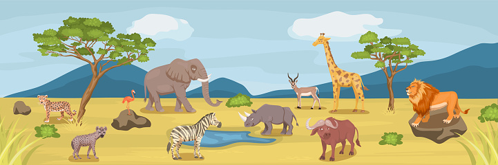 African Savannah Wild Animal Set. Lion, Rhino, Zebra, Buffalo, Giraffe, Flamingo, Leopard, Gazelle, Elephant, Hyena Flat Vector Illustration Animals of Africa Savannh Landscape Banner