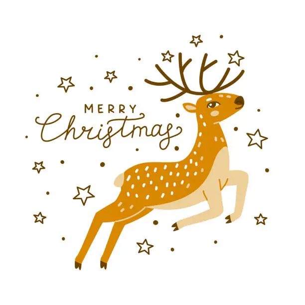 Vector illustration of Christmas greeting card with cute jumping deer isolated on white background