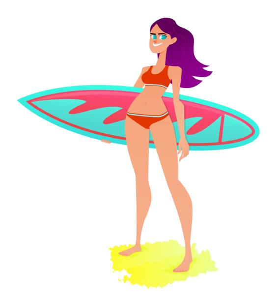 illustrazioni stock, clip art, cartoni animati e icone di tendenza di ragazza con una tavola da surf - one person white background swimwear surfboard