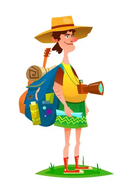 Vector illustration of Man Traveler with photo camera and backpack hiking