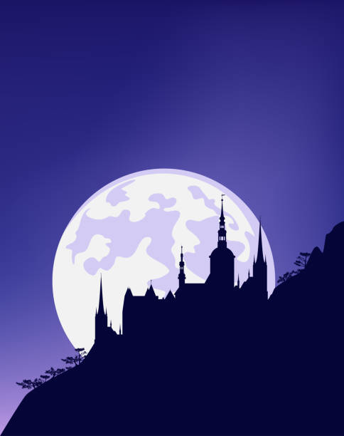 ilustraciones, imágenes clip art, dibujos animados e iconos de stock de fondo de escena nocturna vectorial con castillo de cuento de hadas en la ladera de la montaña y luna llena - castle fairy tale palace forest