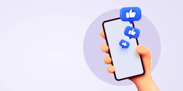 Cute cartoon hand holding mobile smartphone with Likes notification icons. Social media and marketing concept. Cute cartoon hand holding mobile smartphone with Likes notification icons. Social media and marketing concept. Vector illustration social media icons phone stock illustrations