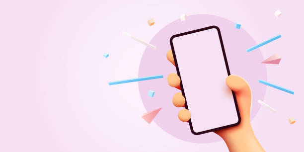 istock Cute cartoon hand holding mobile smart phone. Modern mockup. 1359357072