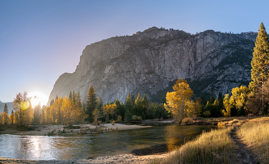 Blinding Sunset on the Side of Large Yosemite Mountain During the Fall Season