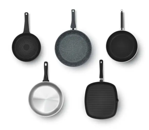 Vector illustration of Top view collection realistic pans with handles for cooking vector kitchen cookery equipment