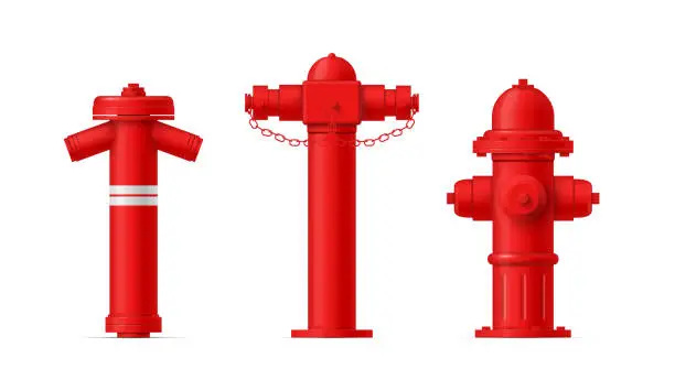 Vector illustration of Realistic red fire hydrants set vector illustration. Collection active flame protection devices