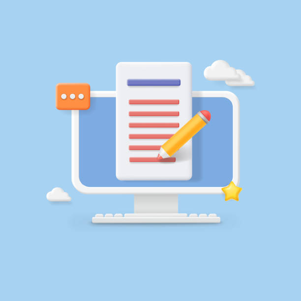 Writing text content. text file editing Writing text content. Monitor computer with text file editing concept. Screen, document, pencil, copywriting 3d icon. editor page stock illustrations